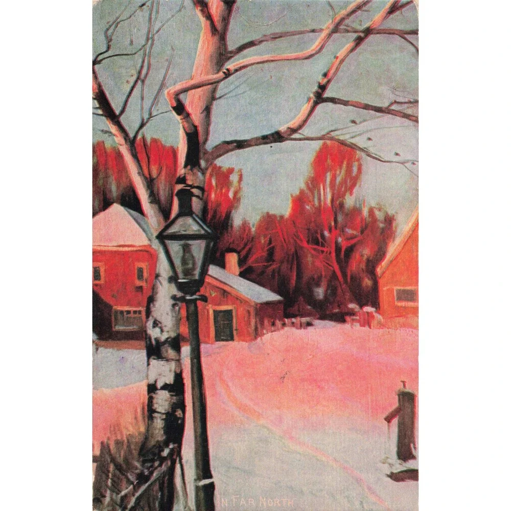 In Far North Winter Snow Village Antique Postcard c1908 American Art Street Lamp